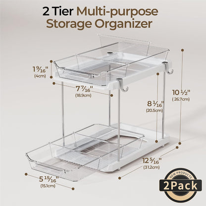 Delamu 2 Tier Under Sink Organizer Bathroom, Bathroom Cabinet Organizer with Snap-Lock Design and Hooks, Pull Out Storage with Movable Dividers, for Countertop, Kitchen and Pantry (Clear, 2 Pack)