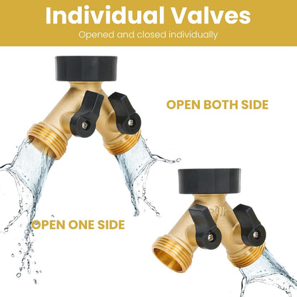 LINEX Garden Hose Splitter 2 Way 2 Pack Heavy Duty Brass, Outdoor Dual Y Valve Water Connector with Faucet and Spigot, Hose Split for Lawn, Garden, Car Wash
