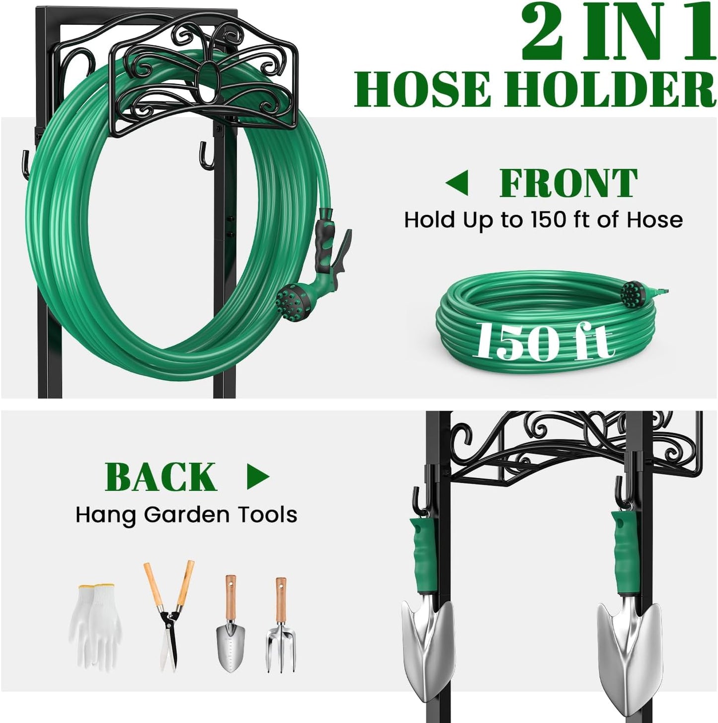 Sunvigor Garden Hose Holder, Heavy Duty Metal Hose Stand with 4 Spikes, Holds Up to 150FT Hose, No Drill Freestanding Hose Reel Alternative for Yard Lawn Outdoor