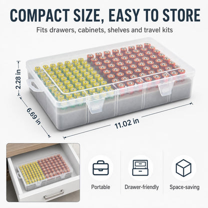 Xuerdon Battery Organizer Case with BT168 Tester 120+ Batteries Storage Box | Clear Plastic Battery Box Holds 49AA 51AAA 10CR2032 10CR1632 Batteries, Wall Mount Drawer Organizer Batteries not Included