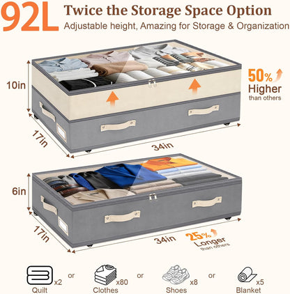 Dolicer 2 Pack Under Bed Storage with Wheels, 6in-10in Height Adjustable Underbed Storage Containers, 92L XXXL Under Bed Drawers Rolling Bin with Clear Lids for Dorm Shoes Clothes Organizers(Grey)