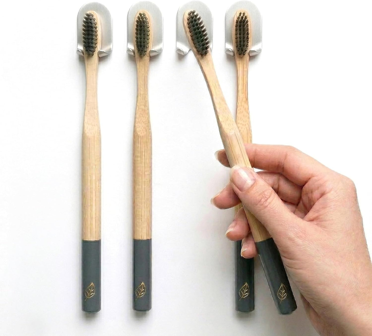 Aluminum Toothbrush Holder, Set of 4 Wall Mounted Self-Adhesive Clips, Anodized Finish for Quick-Dry Storage – No Drilling Required