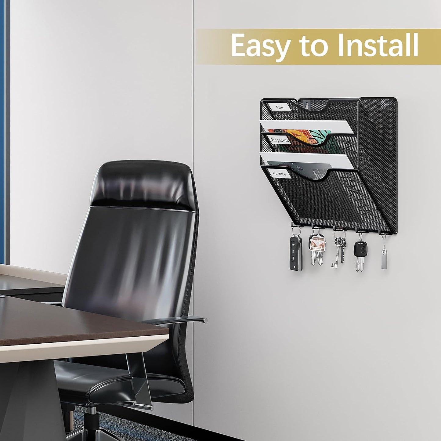 EasyPAG 5 Pocket Mesh Wall File Organizer with Key Hooks, Hanging Paper Folder Holder with Classify Label, Vertical Wall Mount Mail Organizer for Office Home Classroom, Black