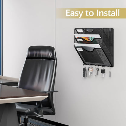 EasyPAG 5 Pocket Mesh Wall File Organizer with Key Hooks, Hanging Paper Folder Holder with Classify Label, Vertical Wall Mount Mail Organizer for Office Home Classroom, Black