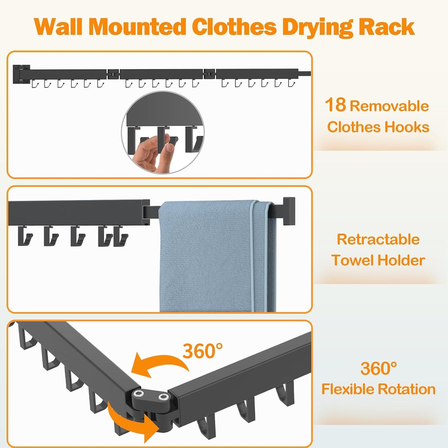 Kelisiting Clothes Drying Rack, Wall Mounted Laundry Drying Rack, Upgrade 3-Fold Foldable Collapsible Retractable Clothing Drying Rack with 12 Dual Hooks Organization for Laundry Room Indoor- Black