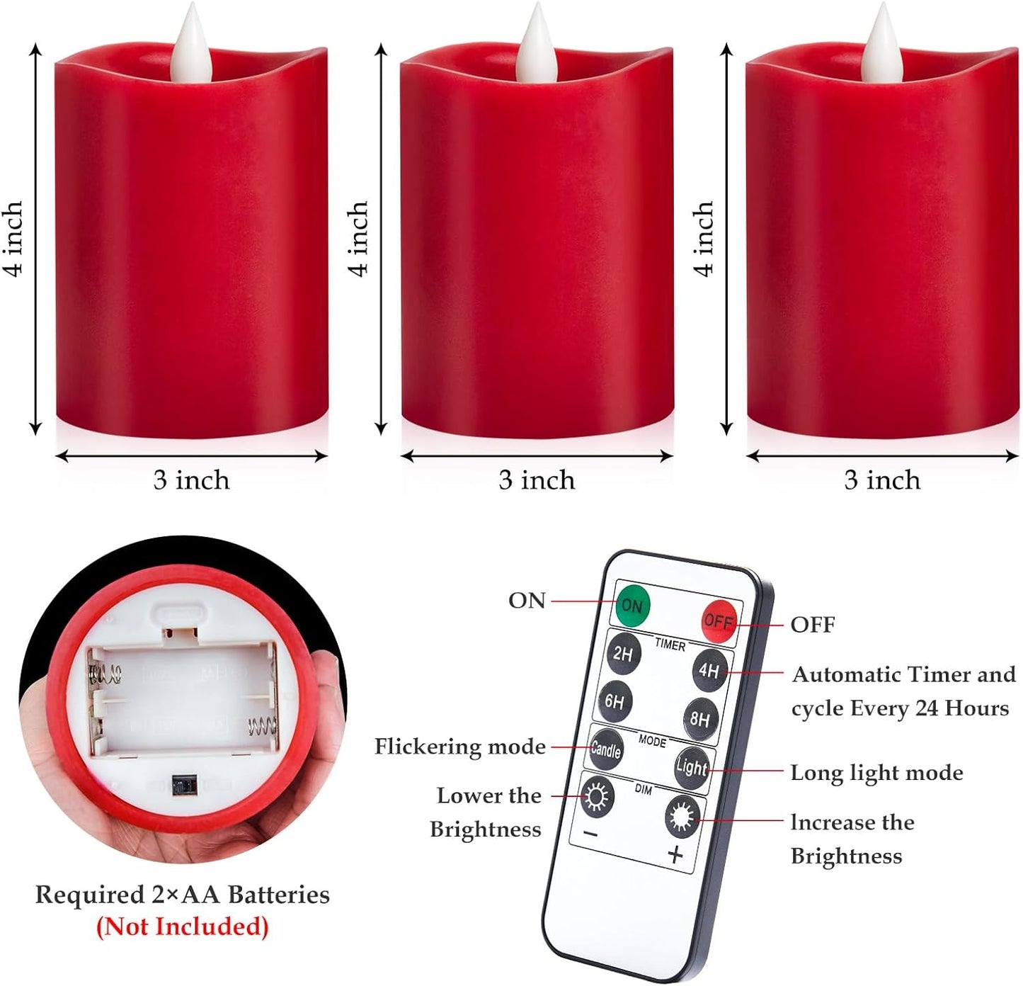 3"x4" Flickering Flameless Battery Candles with Timer, White Realistic LED Pillar Candles, Set of 2 Large Remote-Operated Candles for Home Indoor/Outdoor & Holiday Decor