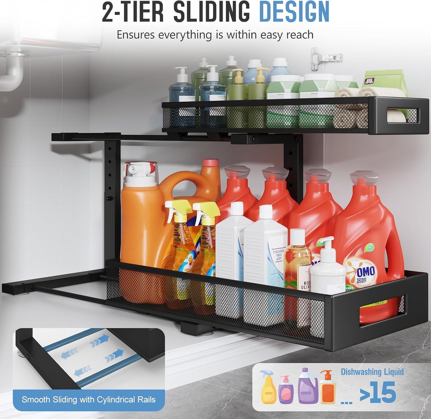 2-Pack Under Sink Storage Organizer, Large 2-Tier Elegant Mesh Pull Out Shelf for Kitchen and Bathroom Cabinet Organization, L-Shaped and Adjustable Height Design,Patent Pending-Black