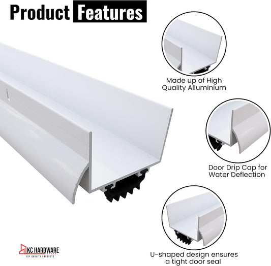 KC Hardware Aluminum U Shaped Door Bottom Sweep with Door Drip Cap| Weather Stripping Door Seal Bottom for Front Door Bottom| Under Door Seal for Exterior Doors|1 3/4" Width (White, 36 Inches)