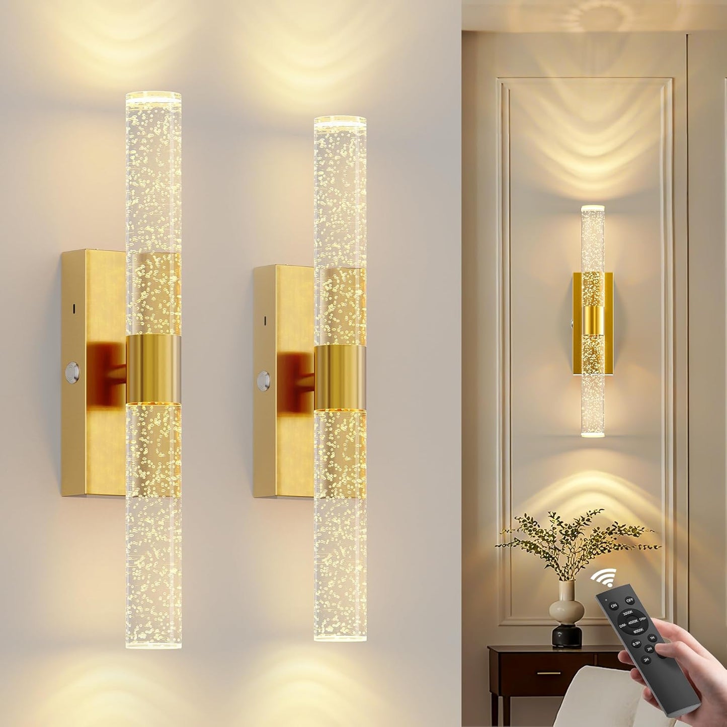 17 Inch Battery Operated Wall Sconces: 20000mAh Rechargeable Wall Lights Set of 2 with Arylic Shade - 3000K-6000K Dimmable Wireless LED Wall Lamp with Remote for Bedroom Bathroom Hallway Living Room