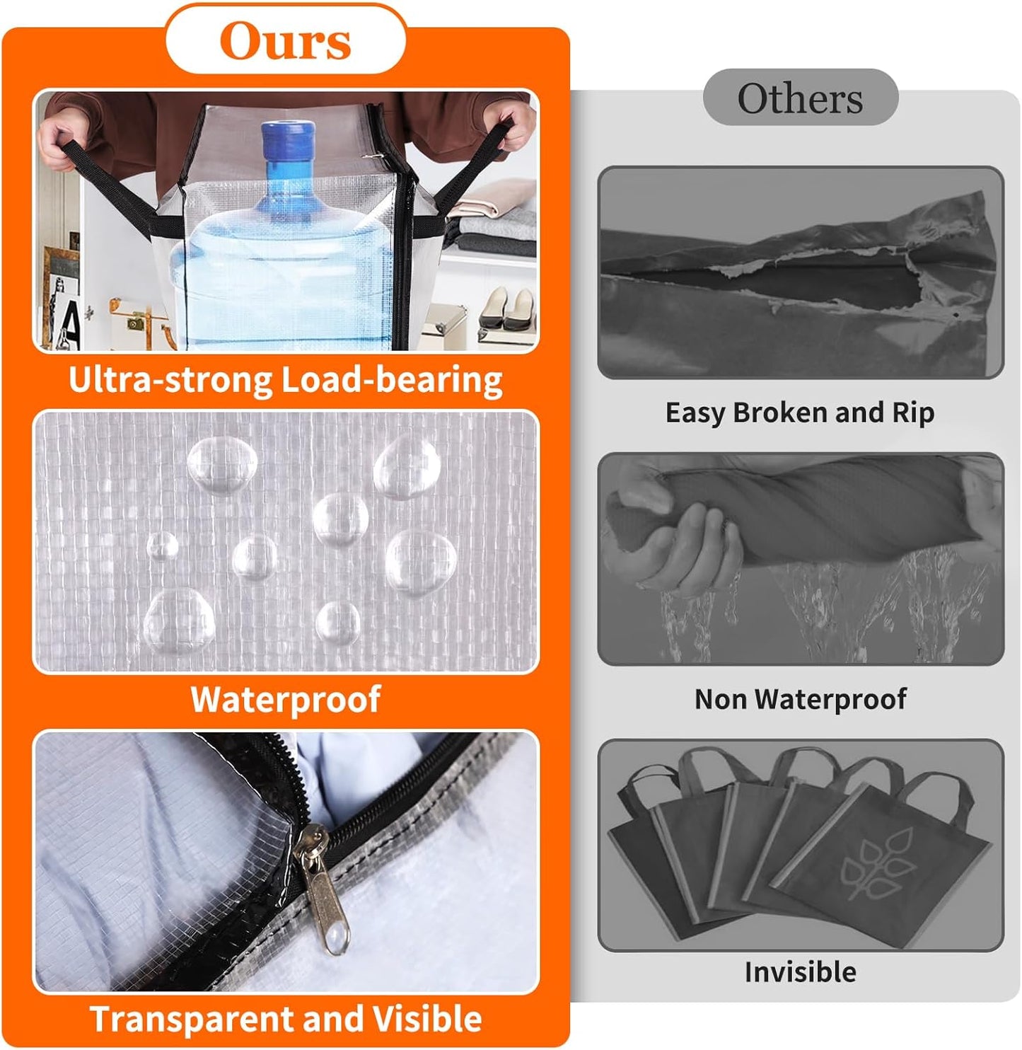 TasticTotes 6 Pack Clear Storage Bags for Comforter, Clothes & Bedding, Plastic Blanket Storage with Zipper and Handle, Moving Bags, Closet Organizer and Under-Bed Storage (40L)