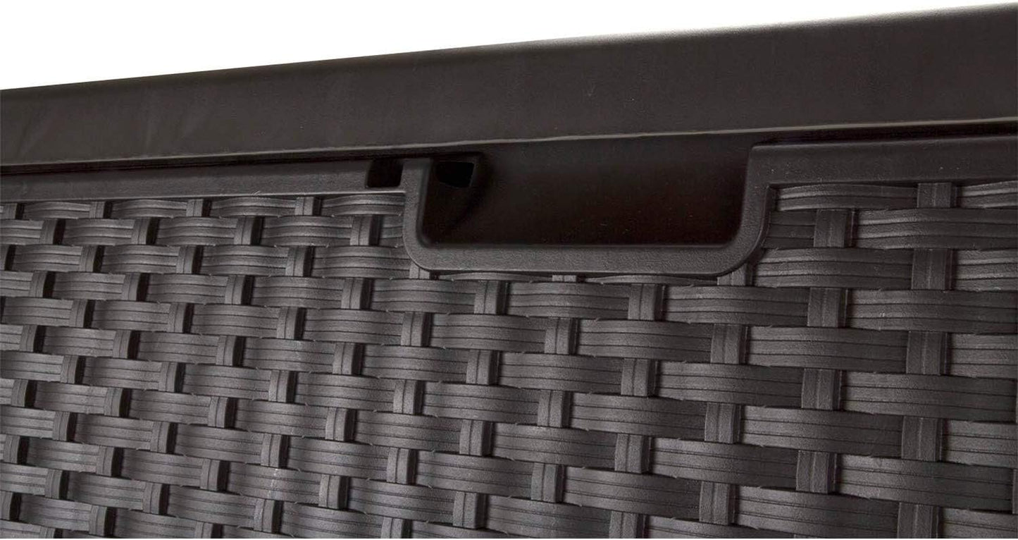 Suncast DBW9200 99 Gallon Outdoor Wicker resin Patio Storage Chest Bin with Handles for Patio, Garden, Garage, or Pool for All Weather, Mocha
