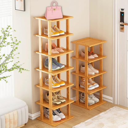 SAN HE 7-Tier Modern Bamboo Shoe Rack - Vertical, Slim, Space-Saving Shoe Organizer for Small Spaces, Closet, Entryway, Corner, Garage, Bedroom