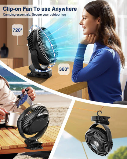 FRIZCOL 20000mAh 8 Inch Portable Clip On Fan,Battery Operated Golf Cart Fan with Lights, USB Fans Small Desk Fans Personal Quiet Fans for Office Stroller Bedroom and Camping