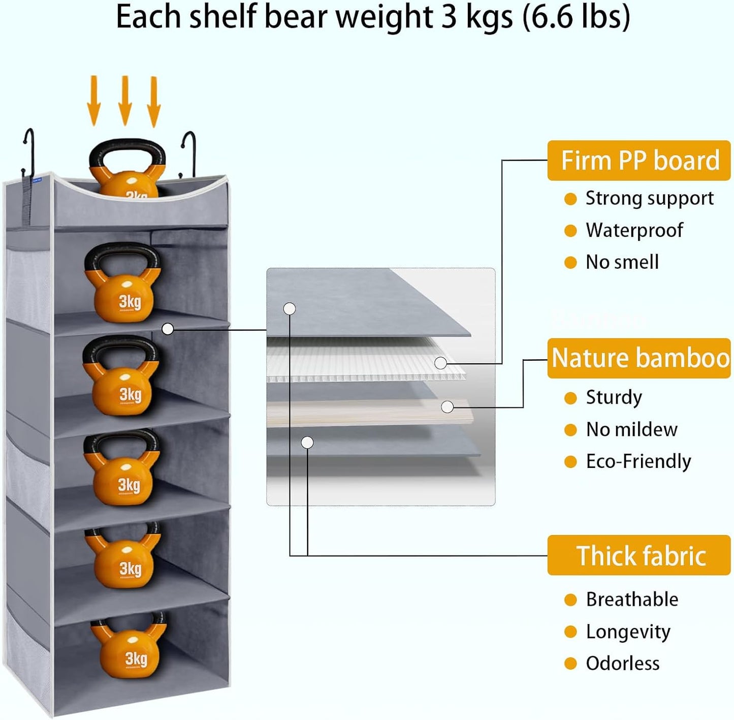 4-Shelf Hanging Closet Organizer and Storage with 4 Side Pockets, Collapsible Closet Hanging Shelves for Storage, Grey