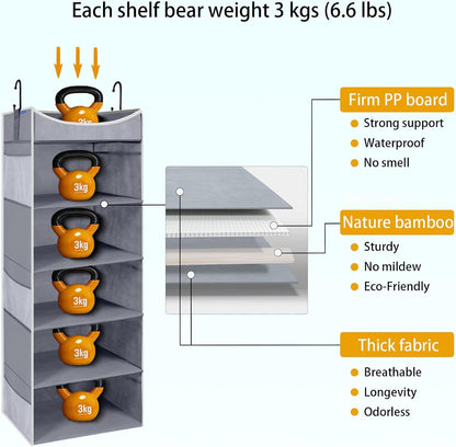 4-Shelf Hanging Closet Organizer and Storage with 4 Side Pockets, Collapsible Closet Hanging Shelves for Storage, Grey