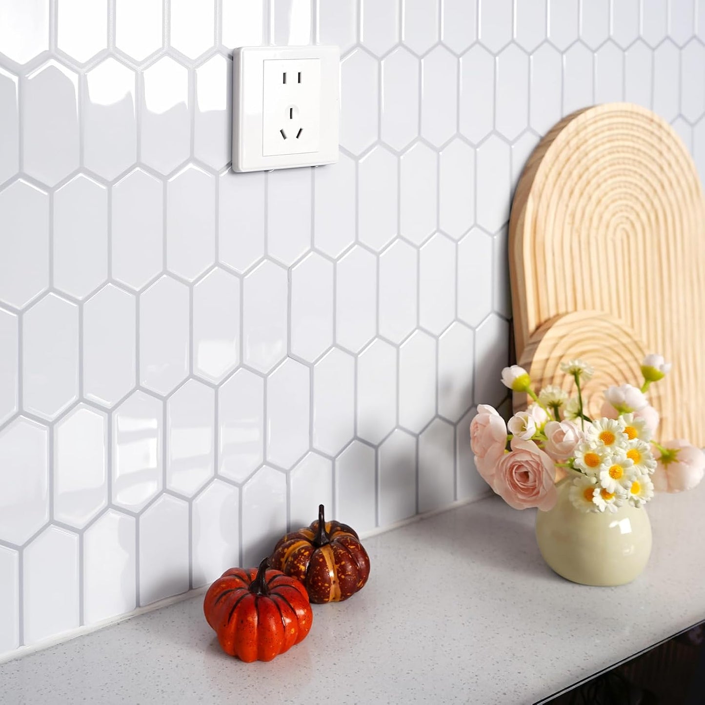 Vamos Tile Upgraded Thicker Design Backsplash Tile Peel and Stick, 10-Sheet Grey Marble Long Hexagon Self Adhesive Wall Tiles Stick On Backsplash for Kitchen Bathroom RV Fireplace