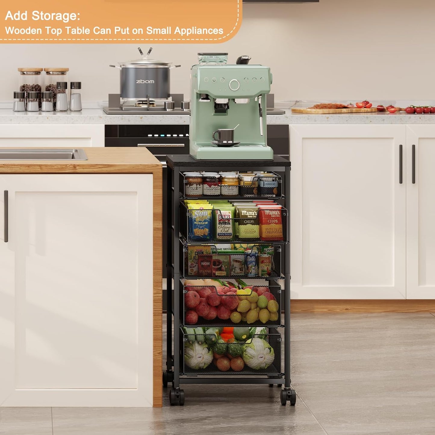 4 Tier Kitchen Rolling Cart, Kitchen Storage Cart with Wheels, Adjust Pantry Organizer and Storage Cart with Drawer, Fruit Vegetable Spice Storage Cart, Wooden Top Metal Kitchen Organizer Rack Stand