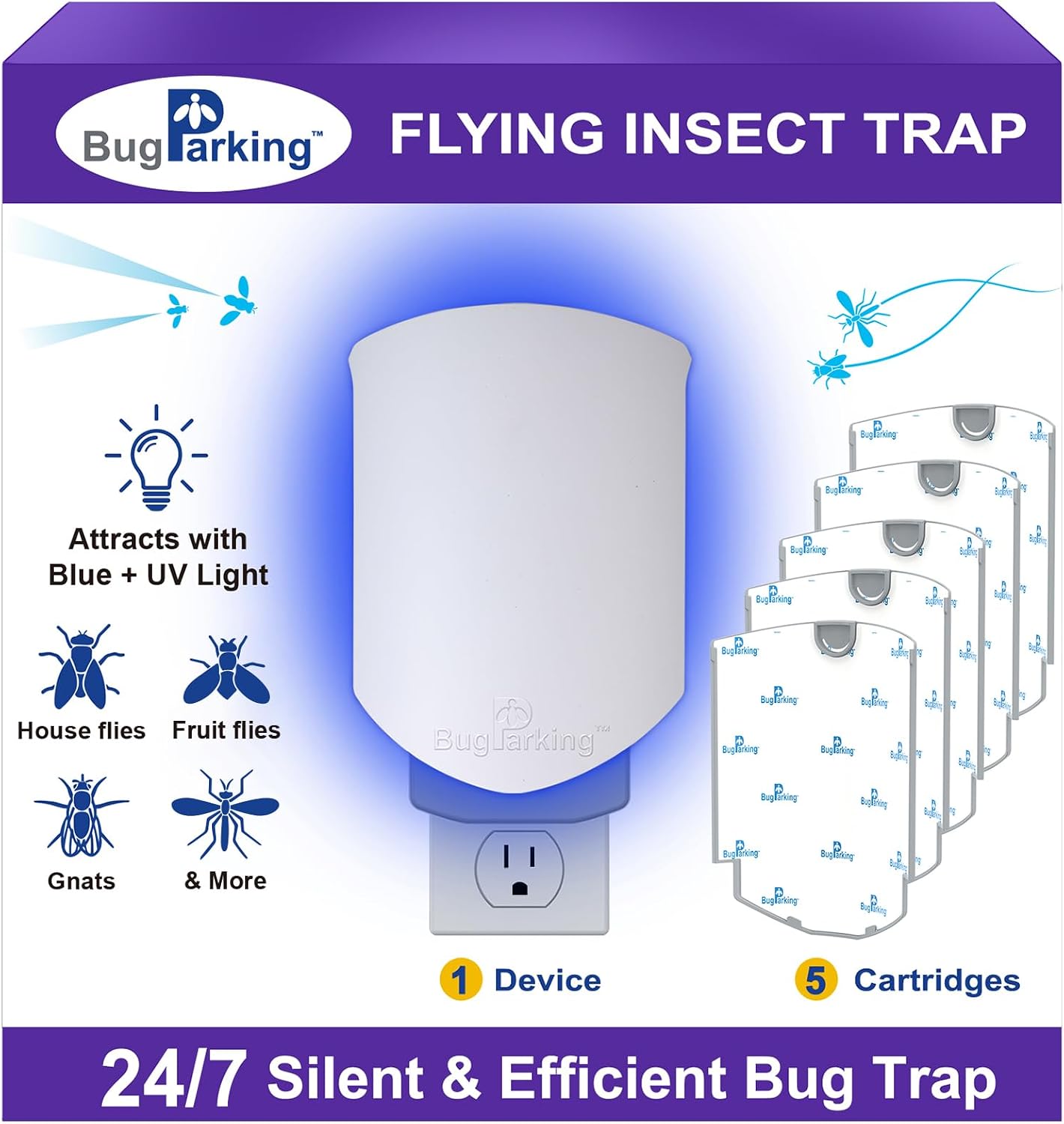 Flying Insect Trap, Plug-in UV Light for Gnats, Fruit Flies and Houseflies, Silent Sticky Catcher for Indoor Use, 1 Device & 3 Refills