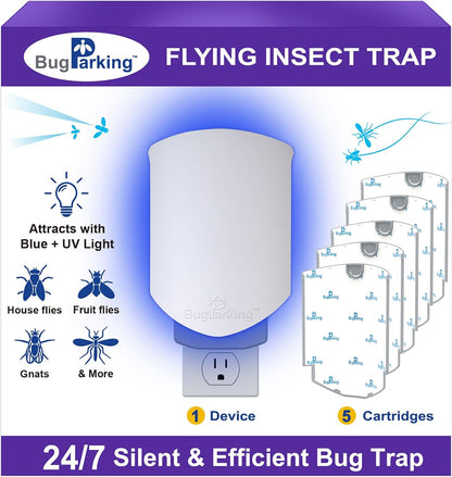 Flying Insect Trap, Plug-in UV Light for Gnats, Fruit Flies and Houseflies, Silent Sticky Catcher for Indoor Use, 1 Device & 3 Refills