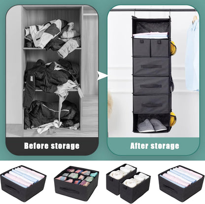 6-Shelf Hanging Closet Organizer with 5 Drawers, Non-Woven Storage, Black | Spacious compartments sort clothes & undergarments; foldable drawers add hidden storage for closets, wardrobes or RVs.