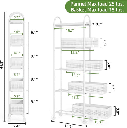 KINGRACK Slim Storage Cart with Drawer, 5-Tier Rolling Utility Cart on Wheels, Narrow Metal Cart for Space Save, Easy Assembly for Kitchen Cart, Craft Cart, Laundry, Bathroom, Nursery Organizer
