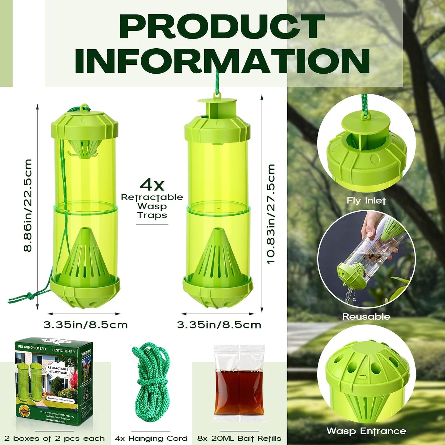 4 Pack Outdoor Yellowjacket Wasp Traps with 8 Pack Natural Bait Refills Lure Reusable Hanging Carpenter Bee and Hornet Catcher Green Bee Trap 24 Week Attractant Refills Wasp Catcher Outside
