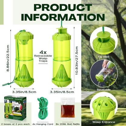 4 Pack Outdoor Yellowjacket Wasp Traps with 8 Pack Natural Bait Refills Lure Reusable Hanging Carpenter Bee and Hornet Catcher Green Bee Trap 24 Week Attractant Refills Wasp Catcher Outside