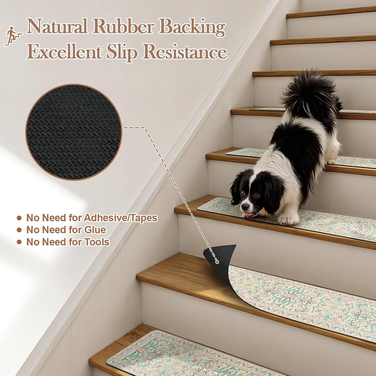 OJIA Floral Stair Treads Non-Slip Stair Runner for Wooden Steps Indoor 15PCS 30"x8" Carpet Stair Treads Stair Mats Staircase Step Treads for Kids, Elders and Dogs, Stair Covers, Black