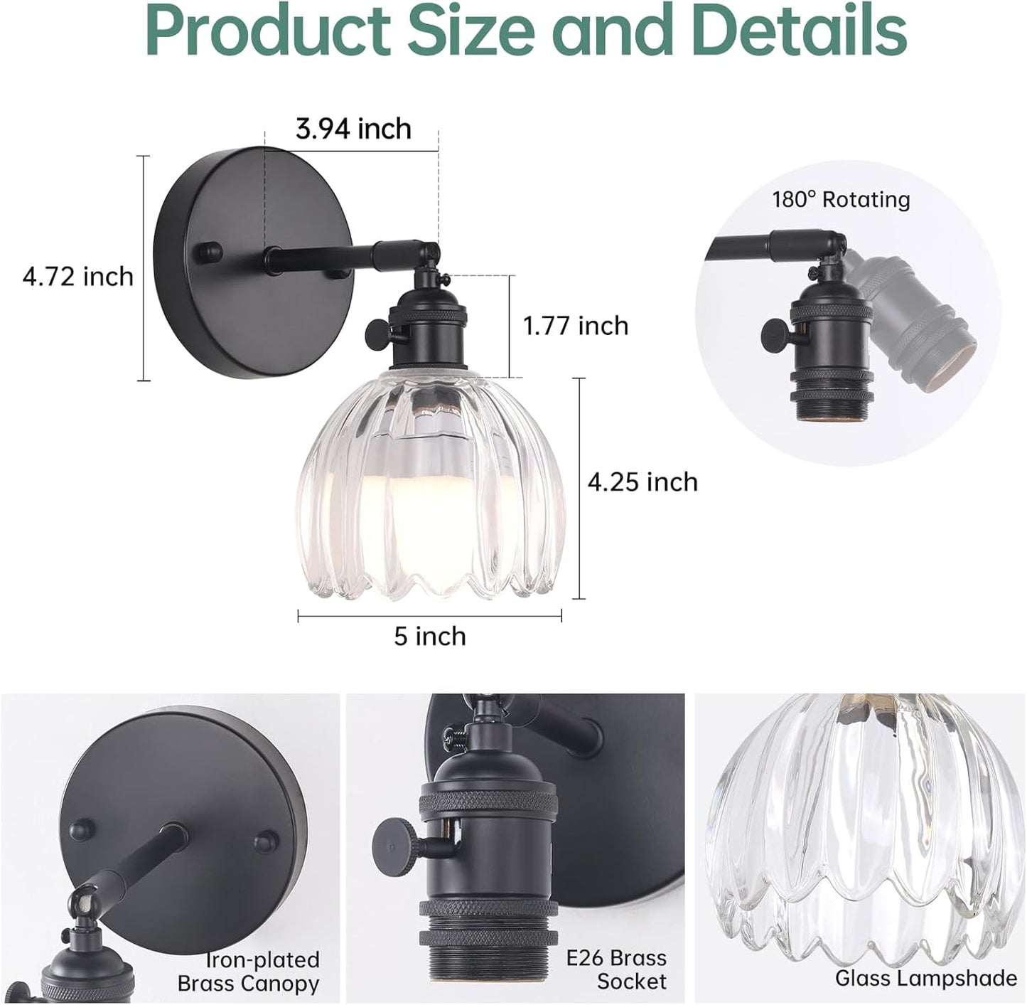 Shenmoyl Vintage Battery Operated Wall Sconce with Transparent Tulip Glass Lampshade Rechargeable Battery Powered Wall Light with Remote Control for Bedside Bedroom Doorway, Set of 2
