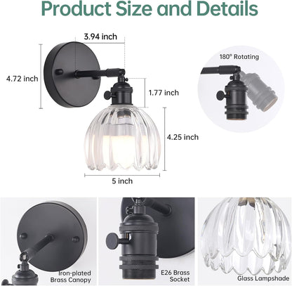 Shenmoyl Vintage Battery Operated Wall Sconce with Transparent Tulip Glass Lampshade Rechargeable Battery Powered Wall Light with Remote Control for Bedside Bedroom Doorway, Set of 2