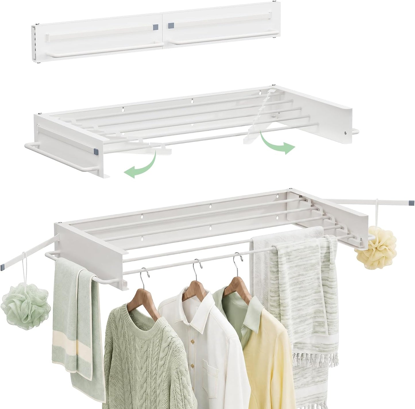Wall Mounted Drying Rack, 31.5" Foldable Laundry Drying Rack, 60lbs Capacity, Retractable Clothes Drying Rack with Hooks, Space Saving Drying Rack for Laundry Room, Apartment