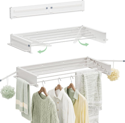 Wall Mounted Drying Rack, 31.5" Foldable Laundry Drying Rack, 60lbs Capacity, Retractable Clothes Drying Rack with Hooks, Space Saving Drying Rack for Laundry Room, Apartment