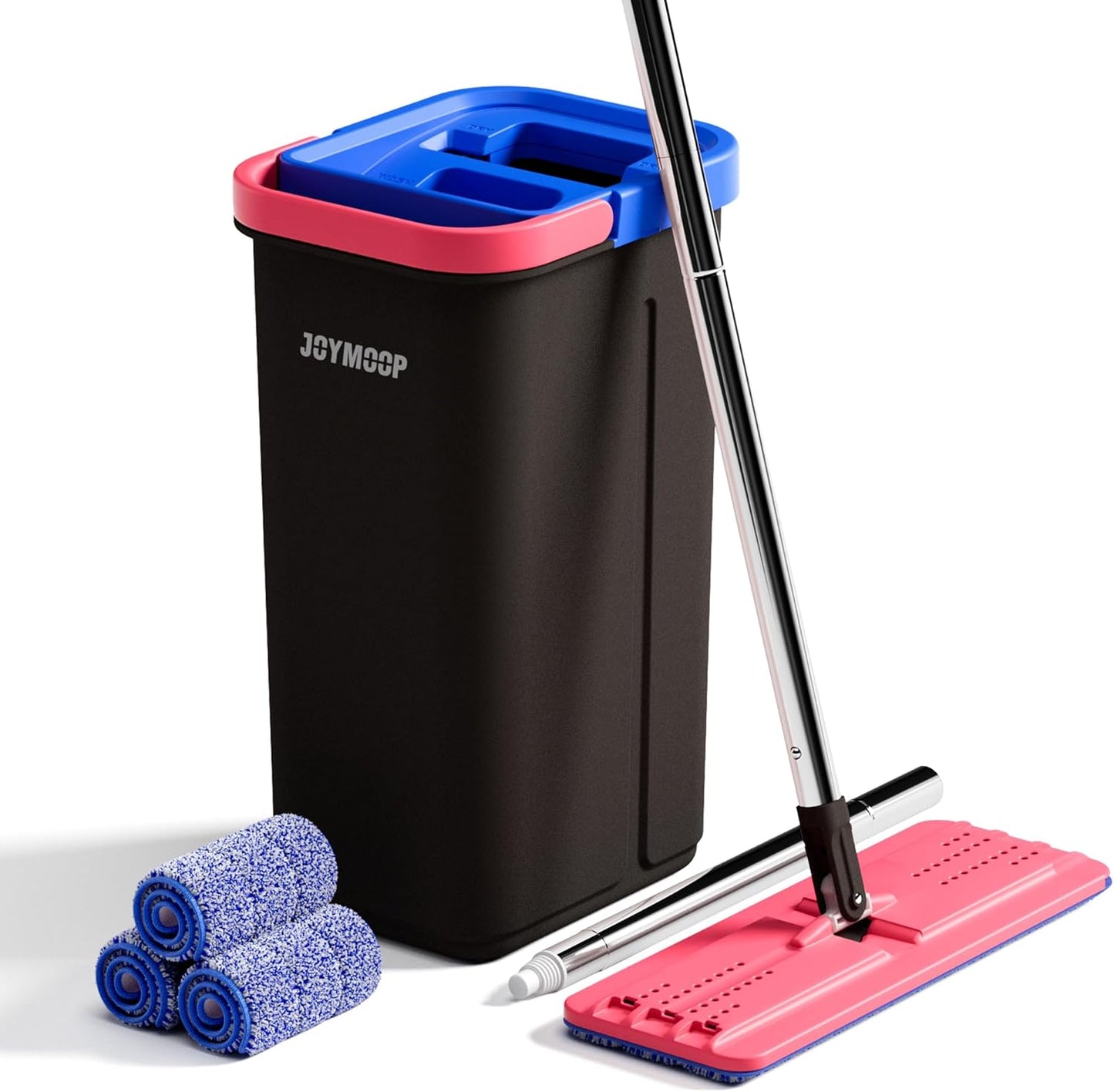 JOYMOOP Mop and Bucket Set, Flat Mops for Floor & Wall Cleaning, Commercial & Household Use, Hardwood Floor Mop with Long Handle & 4 Microfiber Pads
