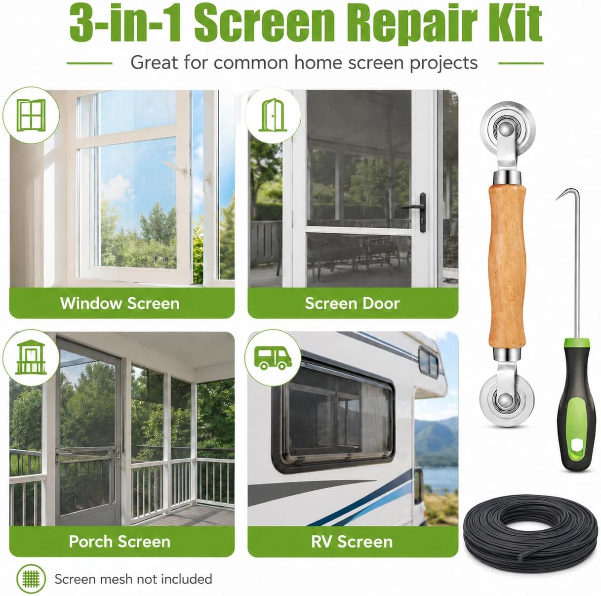 King&Charles 3 in 1 Screen Repair Kit, Bearing Steel Screen Roller Tool with 0.14 in x 32 ft Spline and Removal Hook for Window Screens, Screen Doors, Patio and RV Mesh Replacement