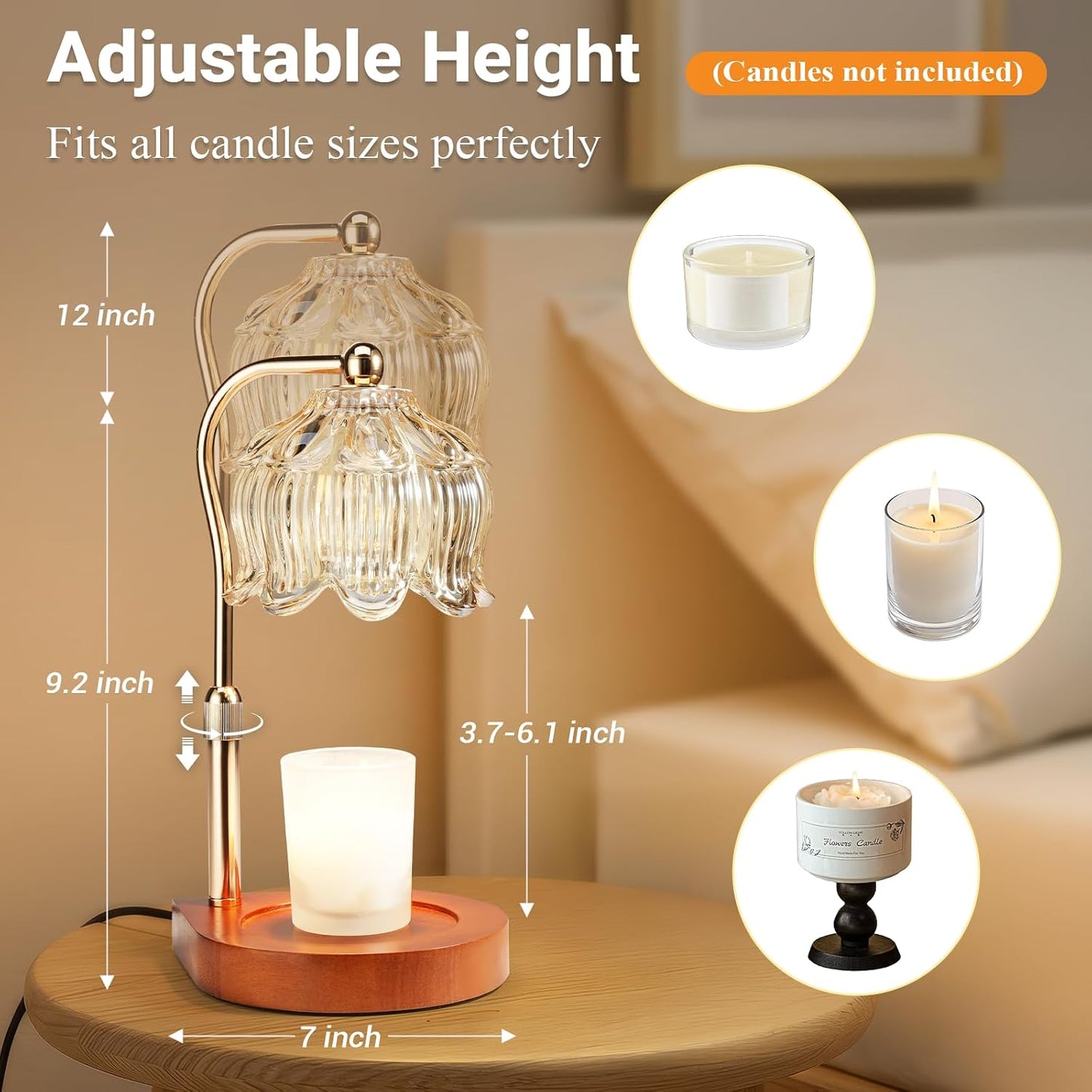 Candle Warmer Lamp with Timer Dimmer, Adjustable Height Candle Lamp Warmer for Jar Candles, Flower Glass Wax Melt Warmer with 2 Bulbs, Flameless Home Decor Gifts for Women Mom, Housewarming