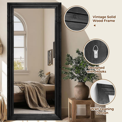 65"x22" Full Length Mirror Solid Wood Frame Floor Mirror with Stand for Living Room, Bedroom Hanging Standing or Leaning, Brown