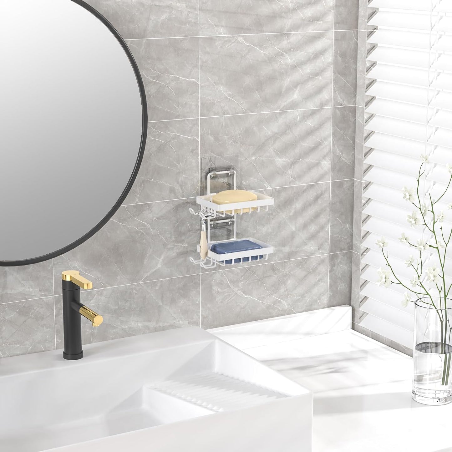Moforoco Double Soap Bar Holder for Shower, No Drilling, 304 Stainless Steel, Wall Mounted Soap Holder with 4 Hooks and Razor Holder, Shower Rack Soap Tray Bar Soap for Bathroom Accessories Organizer