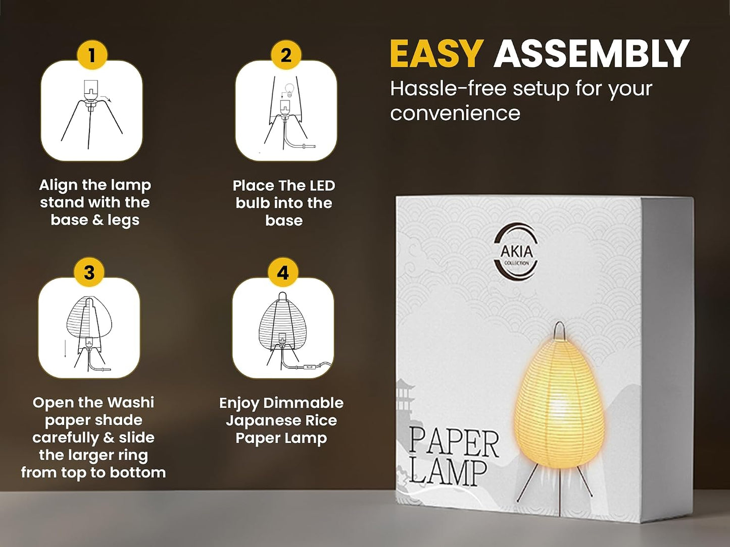 Japanese Paper Lantern Lamp – Rice Paper Noguchi Style Table Lamp with Dimmable Light & Washi Paper Shade (Akari Style) for Bedroom Desk Decor