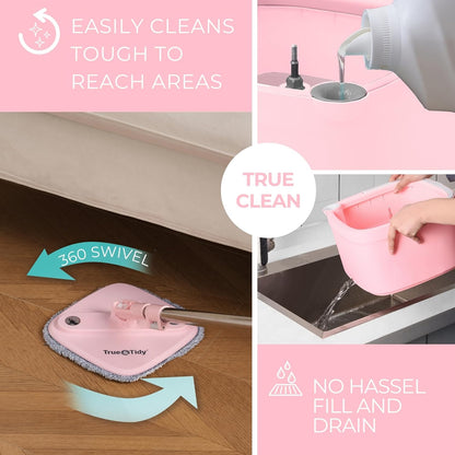 True & Tidy True Clean Spin Mop & Bucket System – Dual Compartment Design for Clean & Dirty Water, 360° Swivel Mop Head, Built-in Scrubbing Brush, Stainless Steel Handle & 2 Reusable Microfiber Pads
