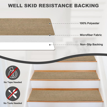 15 Pack 8 "X 30" Non-Slip Carpet Stair Treads for Indoor Wooden Steps, Made of Polyester and Reusable Adhesive, Suitable for Kids Elders and Pets（Black Lines）