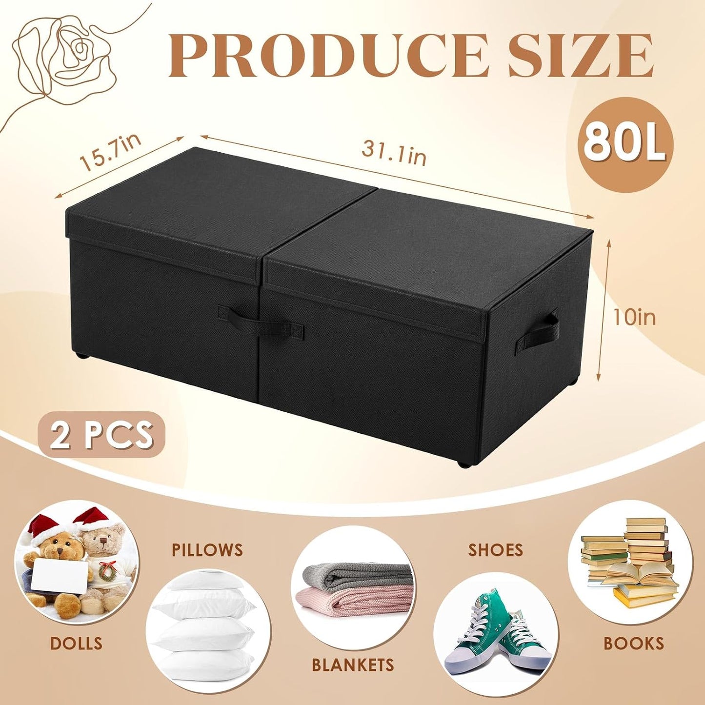 Geelin 4 Pack Under Bed Storage with Wheels, 10 Inch Height 65L Large Capacity Foldable Underbed Storage Bins with Lids & Handles, Easy Assembly Rolling Under Bed Containers for Clothes Blankets Shoes