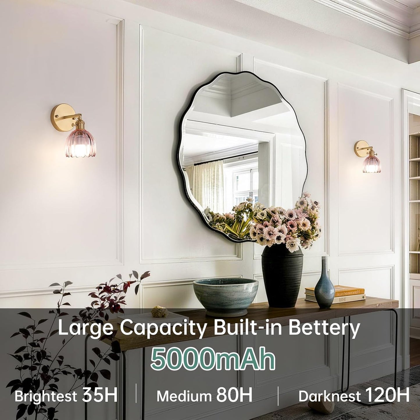Shenmoyl Vintage Battery Operated Wall Sconce with Transparent Tulip Glass Lampshade Rechargeable Battery Powered Wall Light with Remote Control for Bedside Bedroom Doorway, Set of 2