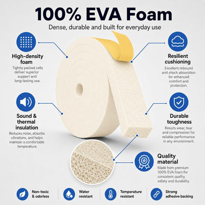 33FT EVA Foam Weather Stripping Door Seal, Self-Adhesive Weatherstrip Tape for Door Frame, Window Gaps, Soundproof Insulation