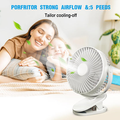 Clip on Fan Rechargeable, 8-Inch Battery Operated Desk Fan, USB Fan,5 Speeds, Strong Airflow, Sturdy Clamp for Golf Cart Office Desk Outdoor Travel Camping Tent Gym Treadmill,Black