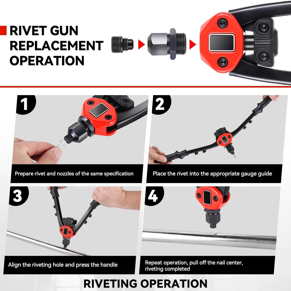 Auto Dynasty 21" Hand Riveter Rivet Nut Tool Set with 5 Guide Nozzle Silver Repair Hand Tool Kit Set for Home Household Office Warehouse
