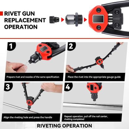 Auto Dynasty 21" Hand Riveter Rivet Nut Tool Set with 5 Guide Nozzle Silver Repair Hand Tool Kit Set for Home Household Office Warehouse