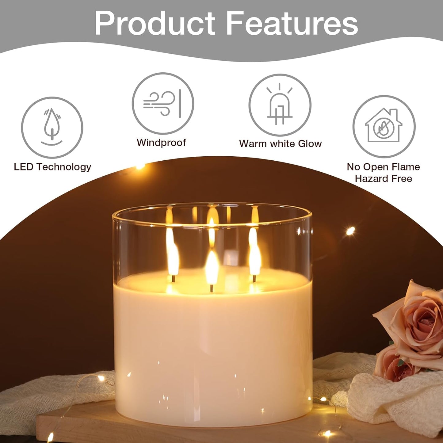 Eywamage 3 Wick Smoke Grey Glass Flameless LED Candle with Remote, Flickering Large Battery Pillar Candle Decor Φ 6" H 6"