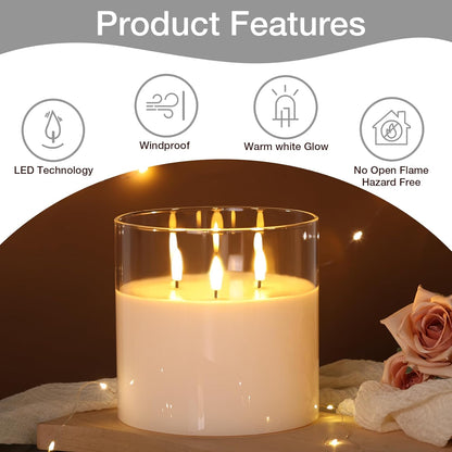 Eywamage 3 Wick Smoke Grey Glass Flameless LED Candle with Remote, Flickering Large Battery Pillar Candle Decor Φ 6" H 6"