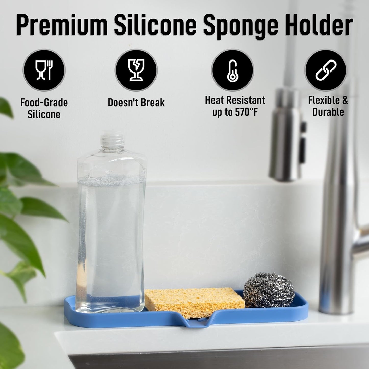 Zulay Kitchen (9x3.5in) Sponge Holder for Kitchen Sink - Flexible Heavy-Duty Multipurpose Sink Caddy - Counter Organizer for Kitchen, Bathroom, Makeup, Trinkets & More! (Grey)