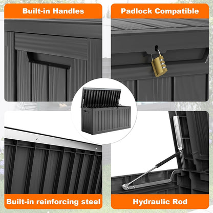 PatioZen 50 Gallon Deck Box Outdoor, Weatherproof Resin Patio Storage Box, Waterproof Outdoor Storage Boxes with Lid Lockable for Cushions, Garden Tools,Grey
